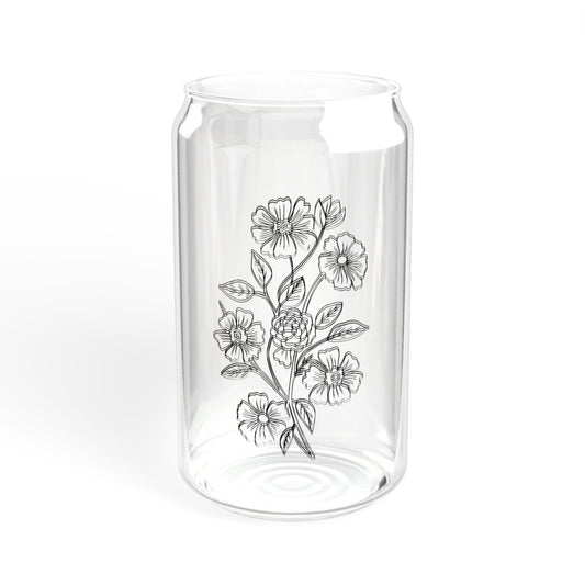 Botanical Line Art Flower Glass | 16oz Iced Coffee Cup with Bamboo Lid & Straw | Aesthetic Sipper Glass | Minimal Floral Tumbler