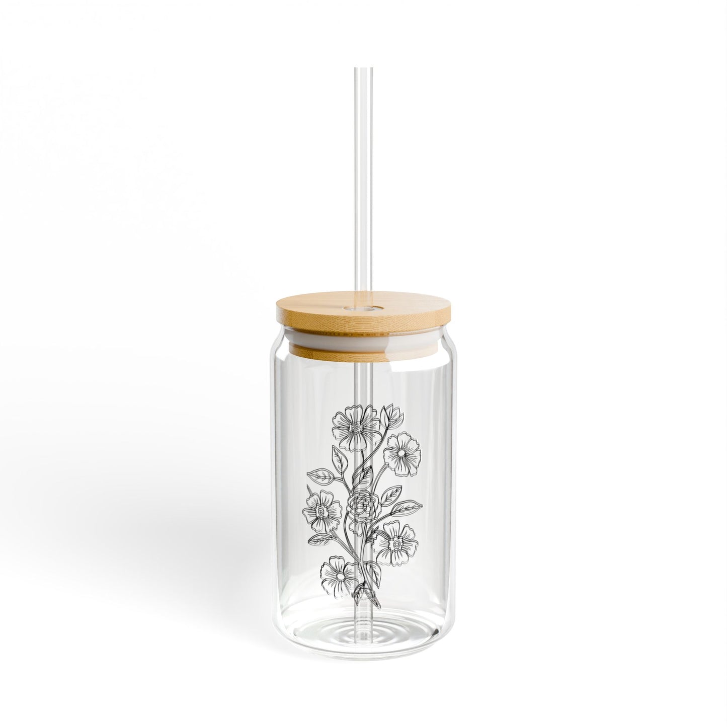 Botanical Line Art Flower Glass | 16oz Iced Coffee Cup with Bamboo Lid & Straw | Aesthetic Sipper Glass | Minimal Floral Tumbler