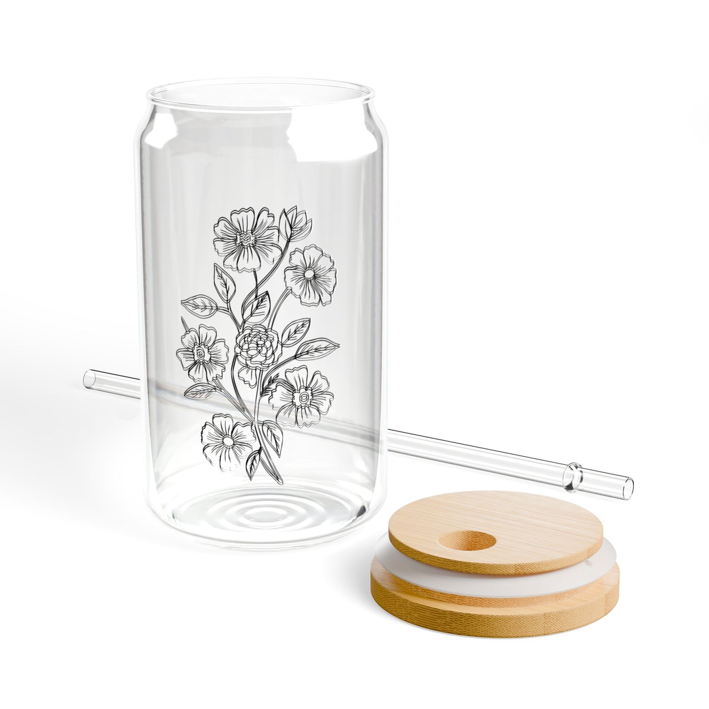 Botanical Line Art Flower Glass | 16oz Iced Coffee Cup with Bamboo Lid & Straw | Aesthetic Sipper Glass | Minimal Floral Tumbler