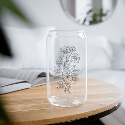 Botanical Line Art Flower Glass | 16oz Iced Coffee Cup with Bamboo Lid & Straw | Aesthetic Sipper Glass | Minimal Floral Tumbler