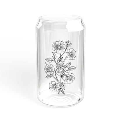 Botanical Line Art Flower Glass | 16oz Iced Coffee Cup with Bamboo Lid & Straw | Aesthetic Sipper Glass | Minimal Floral Tumbler